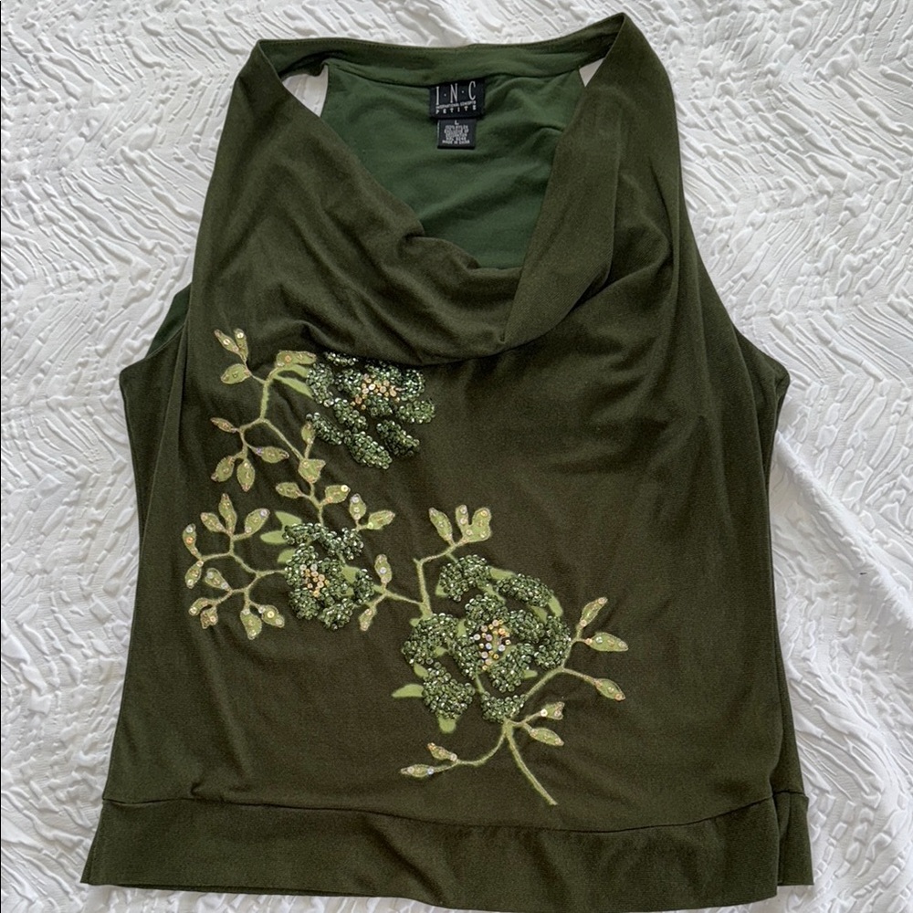 INC International Concepts Green Asymmetrical Sequined Embellished Tank EUC L